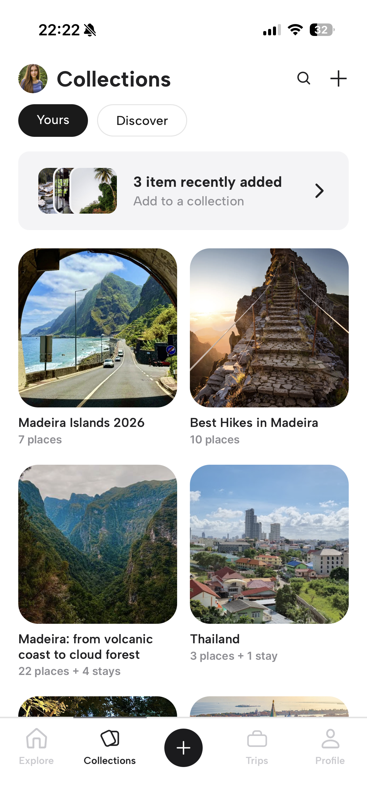 Voyin Collections screen with Madeira trip collections