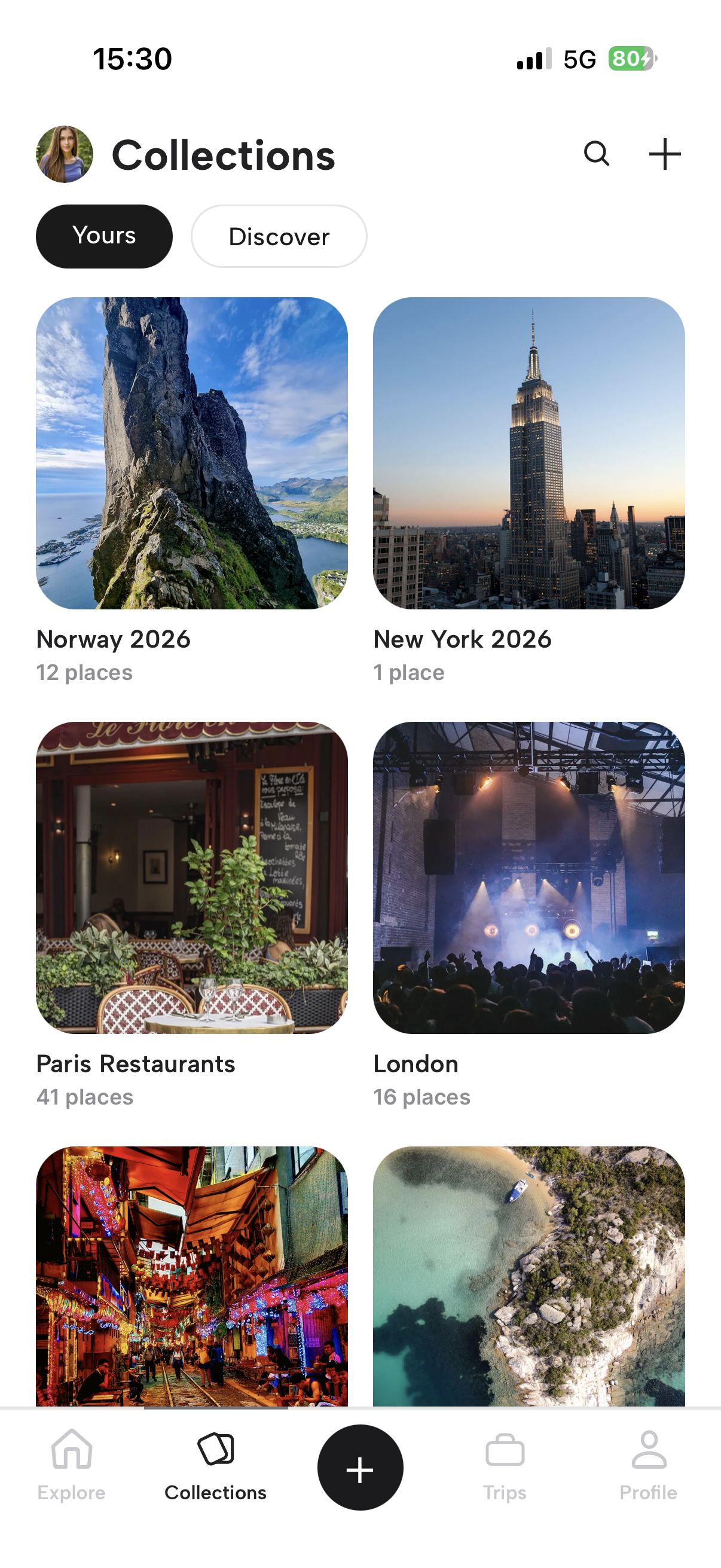 Voyin Collections screen with more trip collections